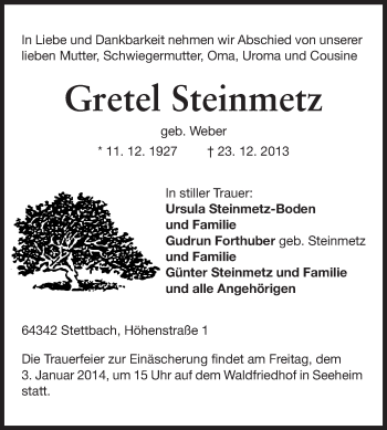 Traueranzeige von Gretel Steinmetz von Echo-Zeitungen (Gesamtausgabe)