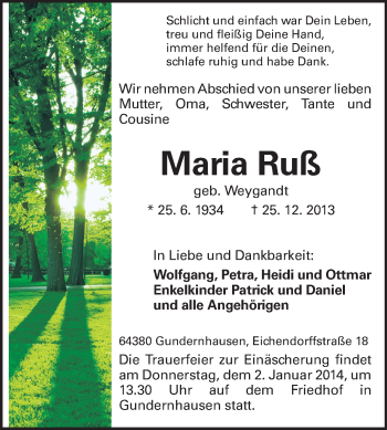 Traueranzeige von Maria Ruß von Echo-Zeitungen (Gesamtausgabe)