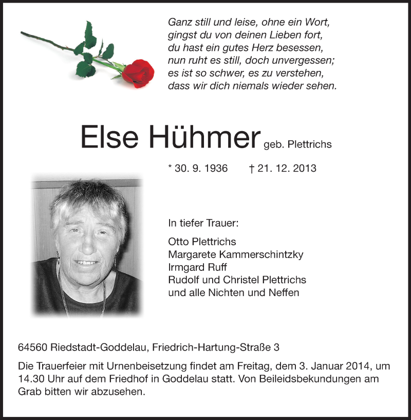  Traueranzeige für Else Hühmer vom 28.12.2013 aus Rüsselsheimer Echo, Groß-Gerauer-Echo, Ried Echo
