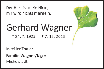 Traueranzeige von Gerhard Wagner von Odenwälder Echo