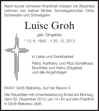 Traueranzeige von Luise Groh von Echo-Zeitungen (Gesamtausgabe)