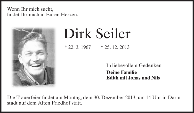  Traueranzeige für Dirk Seiler vom 28.12.2013 aus Echo-Zeitungen (Gesamtausgabe)