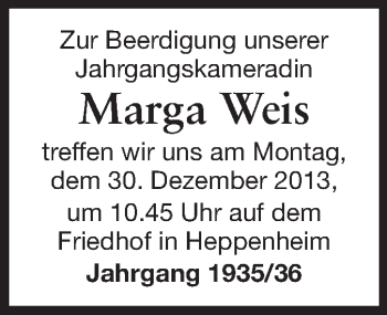 Traueranzeige von Marga Weis von Starkenburger Echo