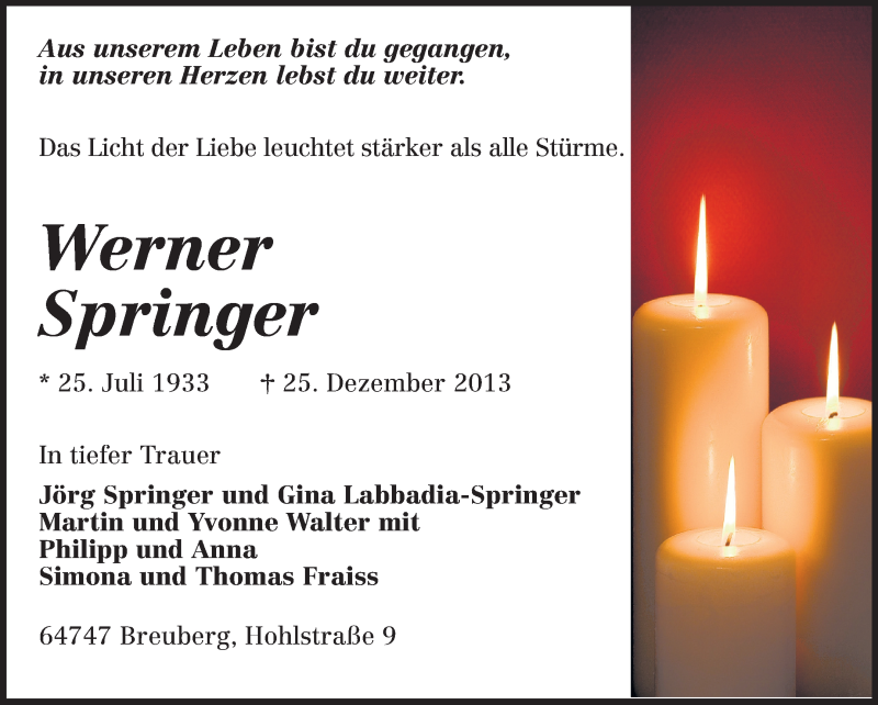  Traueranzeige für Werner Dieter Springer  vom 28.12.2013 aus Odenwälder Echo