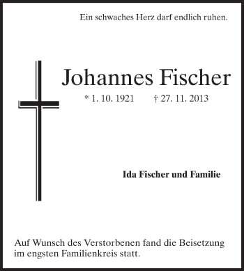Traueranzeige von Johannes Fischer von Starkenburger Echo