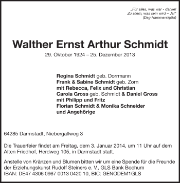 Traueranzeige von Walther Ernst Arthur Schmidt von Echo-Zeitungen (Gesamtausgabe)