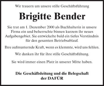 Traueranzeige von Brigitte Bender von Echo-Zeitungen (Gesamtausgabe)