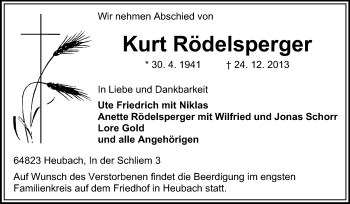 Traueranzeige von Kurt Rödelsperger von Echo-Zeitungen (Gesamtausgabe)