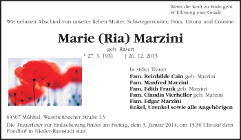 Traueranzeige von Marie Marzini von Echo-Zeitungen (Gesamtausgabe)