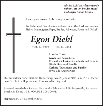 Traueranzeige von Egon Diehl von Starkenburger Echo