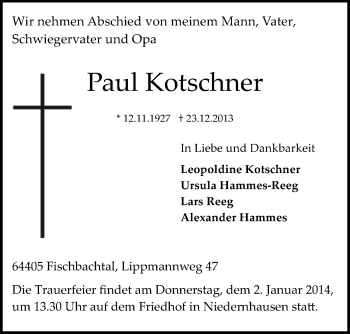 Traueranzeige von Paul Kotschner von Darmstädter Echo, Odenwälder Echo, Rüsselsheimer Echo, Groß-Gerauer-Echo, Ried Echo