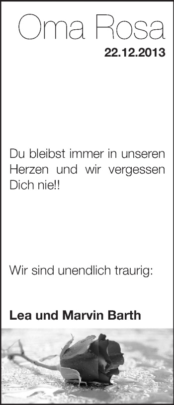 Traueranzeige von Oma Rosa  von Rüsselsheimer Echo, Groß-Gerauer-Echo, Ried Echo