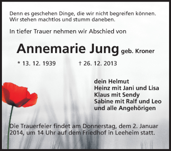 Traueranzeige von Annemarie Jung von Rüsselsheimer Echo, Groß-Gerauer-Echo, Ried Echo