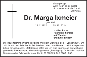 Traueranzeige von Marga Ixmeier von Odenwälder Echo