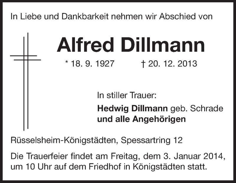  Traueranzeige für Alfred Dillmann vom 31.12.2013 aus Rüsselsheimer Echo, Groß-Gerauer-Echo, Ried Echo