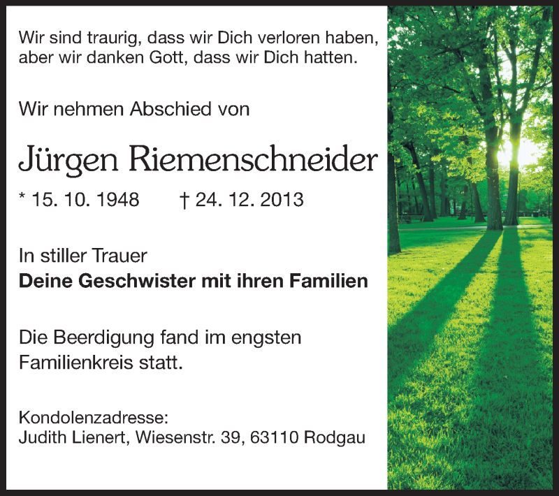  Traueranzeige für Jürgen Riemenschneider vom 04.01.2014 aus Starkenburger Echo, Bergsträßer Anzeiger