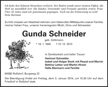 Traueranzeige von Gunda Schneider von Echo-Zeitungen (Gesamtausgabe)