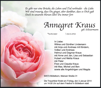Traueranzeige von Annegret Kraus von Rüsselsheimer Echo, Groß-Gerauer-Echo, Ried Echo