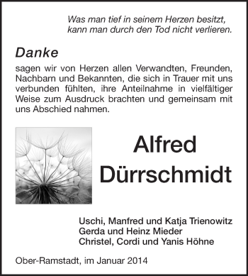 Traueranzeige von Alfred Dürrschmidt von Darmstädter Echo, Odenwälder Echo, Rüsselsheimer Echo, Groß-Gerauer-Echo, Ried Echo