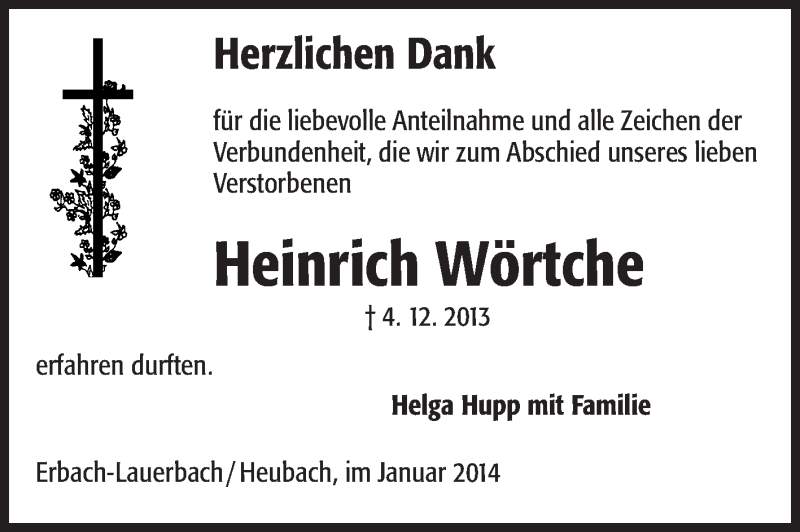  Traueranzeige für Heinrich Wörtche vom 04.01.2014 aus Echo-Zeitungen (Gesamtausgabe)