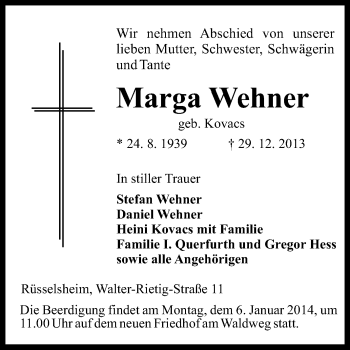 Traueranzeige von Marga Wehner von Rüsselsheimer Echo, Groß-Gerauer-Echo, Ried Echo