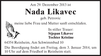 Traueranzeige von Nada Likavec von Darmstädter Echo, Odenwälder Echo, Rüsselsheimer Echo, Groß-Gerauer-Echo, Ried Echo