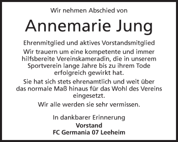 Traueranzeige von Annemarie Jung von Rüsselsheimer Echo, Groß-Gerauer-Echo, Ried Echo