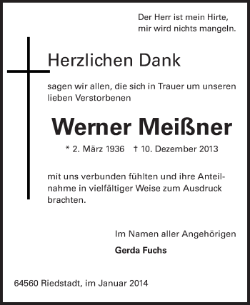 Traueranzeige von Werner Meißner von Rüsselsheimer Echo, Groß-Gerauer-Echo, Ried Echo
