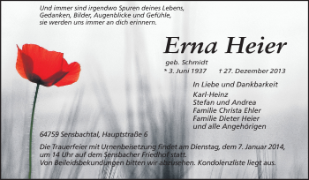 Traueranzeige von Erna Heier von Odenwälder Echo