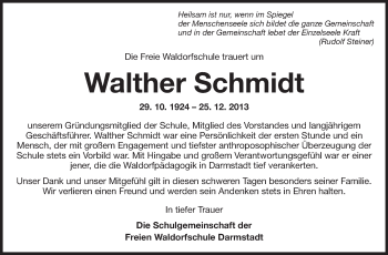 Traueranzeige von Walther Schmidt von Echo-Zeitungen (Gesamtausgabe)