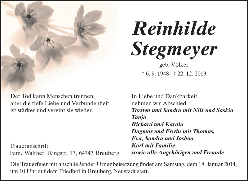  Traueranzeige für Reinhilde Stegmeyer vom 04.01.2014 aus Odenwälder Echo