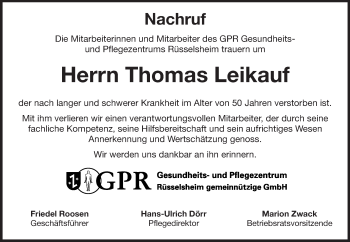 Traueranzeige von Thomas Leikauf von Rüsselsheimer Echo, Groß-Gerauer-Echo, Ried Echo