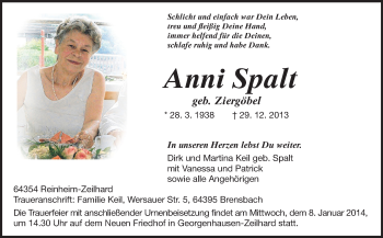 Traueranzeige von Anni Spalt von Echo-Zeitungen (Gesamtausgabe)