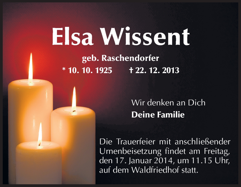  Traueranzeige für Elsa Wissent vom 11.01.2014 aus Echo-Zeitungen (Gesamtausgabe)