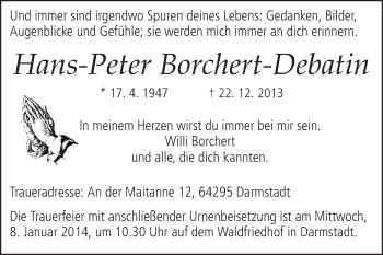 Traueranzeige von Hans-Peter Borchert-Debatin von Darmstädter Echo, Odenwälder Echo, Rüsselsheimer Echo, Groß-Gerauer-Echo, Ried Echo