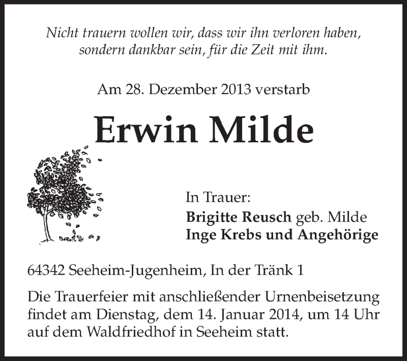  Traueranzeige für Erwin Milde vom 04.01.2014 aus Echo-Zeitungen (Gesamtausgabe)