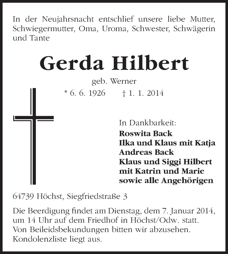  Traueranzeige für Gerda Hilbert vom 03.01.2014 aus Odenwälder Echo