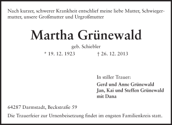 Traueranzeige von Martha Grünewald von Echo-Zeitungen (Gesamtausgabe)