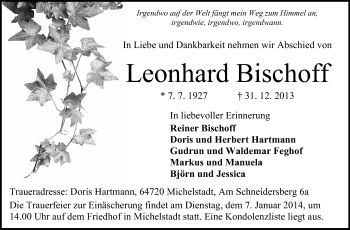 Traueranzeige von Leonhard Bischoff von Odenwälder Echo