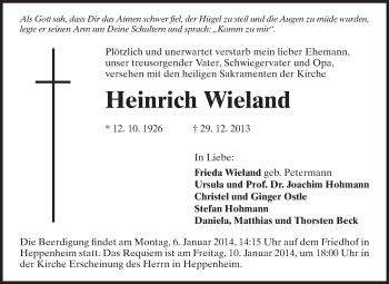 Traueranzeige von Heinrich Wieland von Starkenburger Echo