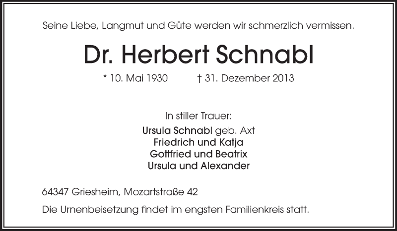  Traueranzeige für Herbert Schnabl vom 13.01.2014 aus Echo-Zeitungen (Gesamtausgabe)