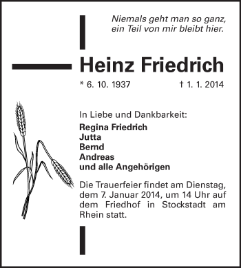 Traueranzeige von Heinz Friedrich von Rüsselsheimer Echo, Groß-Gerauer-Echo, Ried Echo