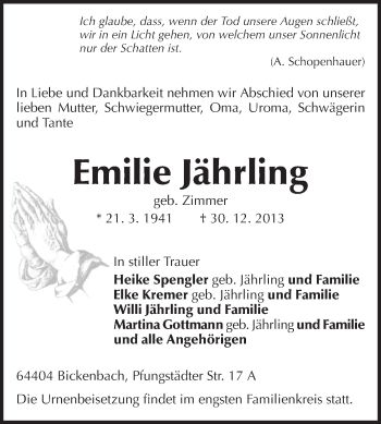 Traueranzeige von Emilie Jährling von Echo-Zeitungen (Gesamtausgabe)