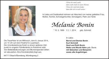 Traueranzeige von Melanie Bonin von Odenwälder Echo