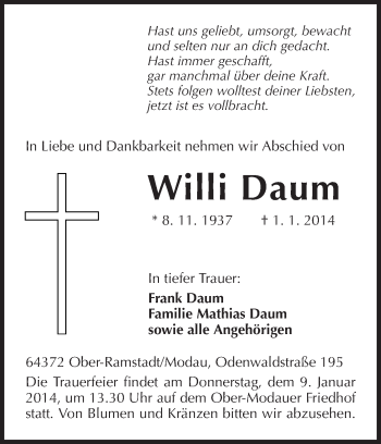 Traueranzeige von Willi Daum von Echo-Zeitungen (Gesamtausgabe)