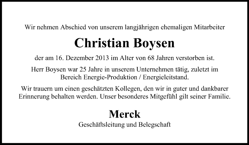  Traueranzeige für Christian Boysen vom 04.01.2014 aus Echo-Zeitungen (Gesamtausgabe)