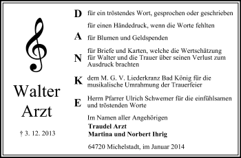 Traueranzeige von Walter Arzt von Odenwälder Echo