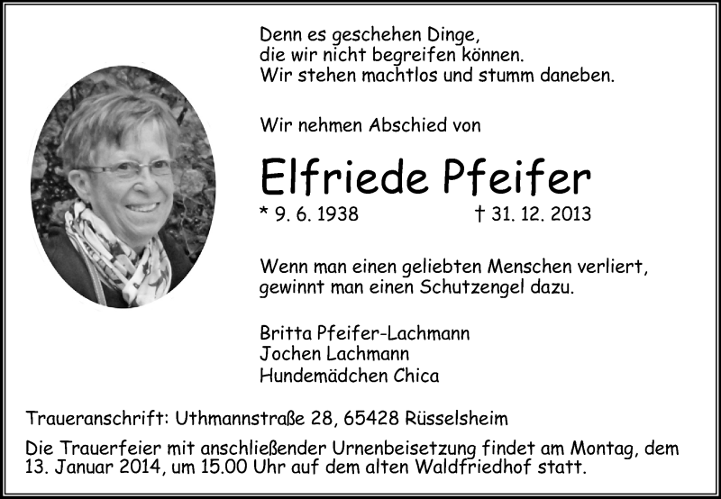  Traueranzeige für Elfriede Pfeifer vom 04.01.2014 aus Rüsselsheimer Echo, Groß-Gerauer-Echo, Ried Echo
