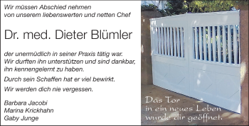 Traueranzeige von Dieter Blümler von Darmstädter Echo, Odenwälder Echo, Rüsselsheimer Echo, Groß-Gerauer-Echo, Ried Echo
