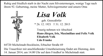 Traueranzeige von Lisa Volk von Odenwälder Echo